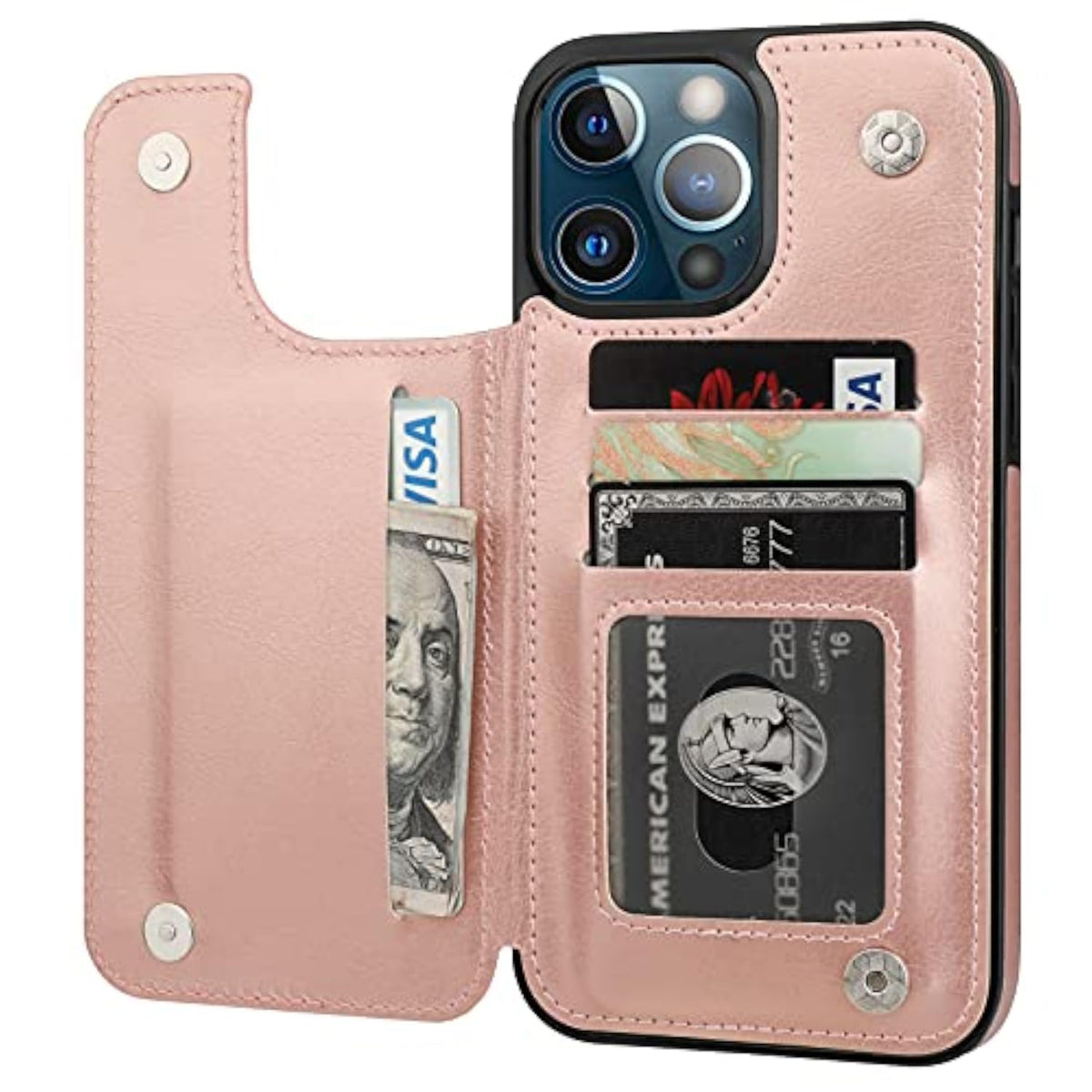 Rose Gold iPhone 13 Pro Max Wallet Case with Card Holder, PU Leather Kickstand and Double Magnetic Clasp