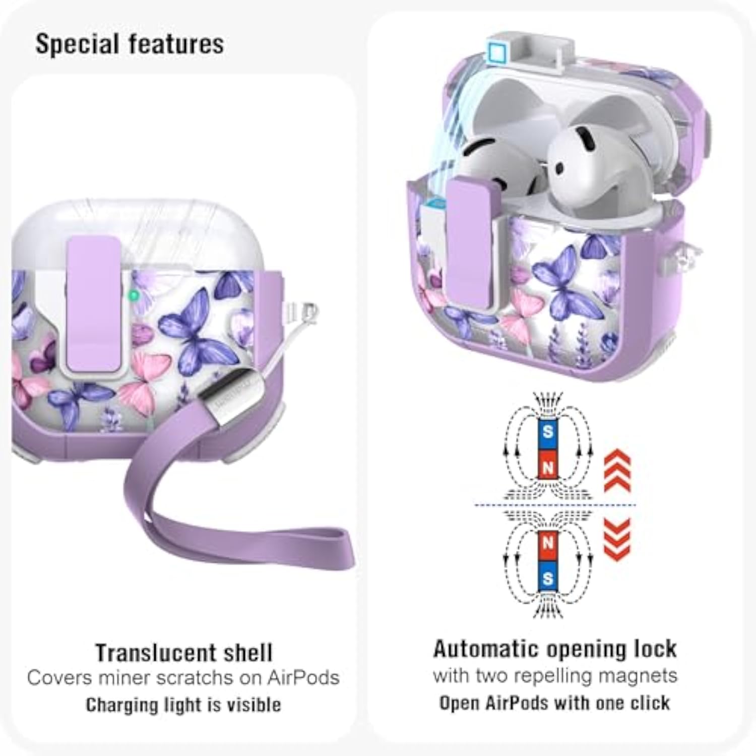 AirPods 4th Generation Secure Lock Case with Automatic Snap Switch Clip Cleaner Kit Lanyard, Women's Stylish Flower Armour Hard Shell Full Body Front LED Visible Case Cover (Purple Butterfly, AirPods 4th)
