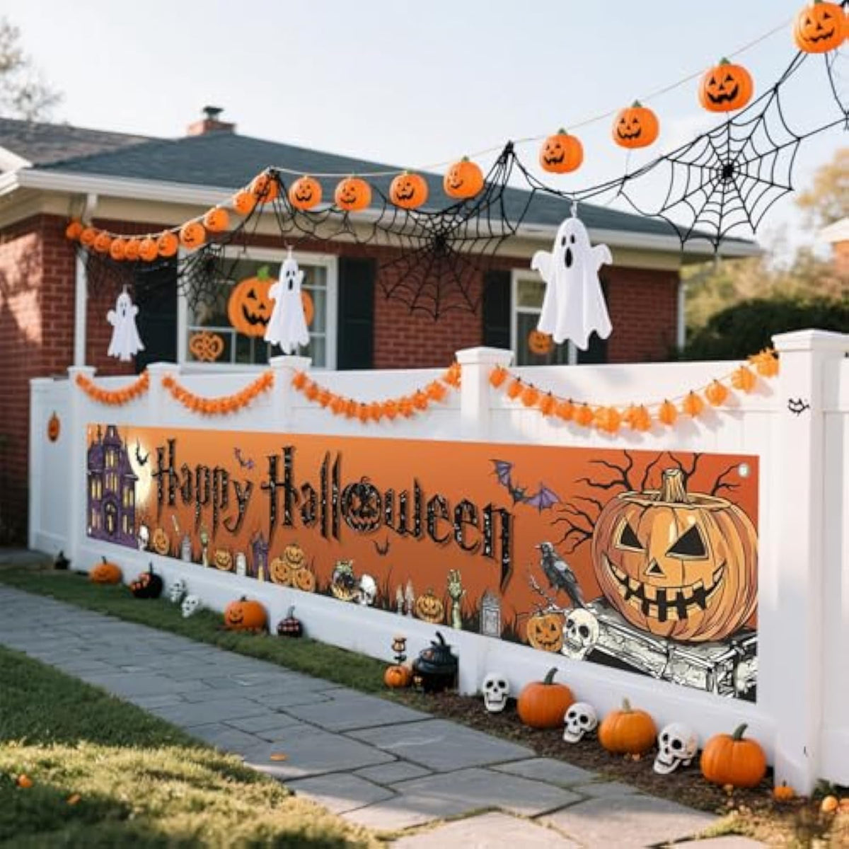 Halloween Large Banner 120x20 Inch Pumpkin Ghost Trick or Treat Outdoor Yard Garden Decor