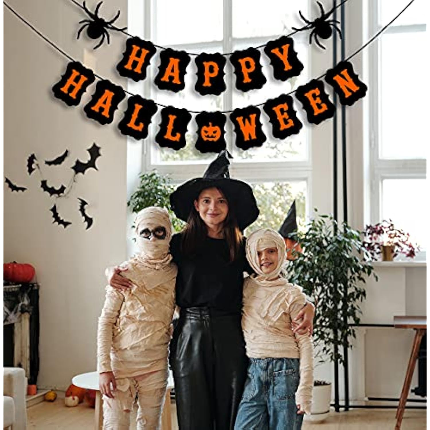 Happy Halloween Banner with Spider and Pumpkin Sign for Party Decorations