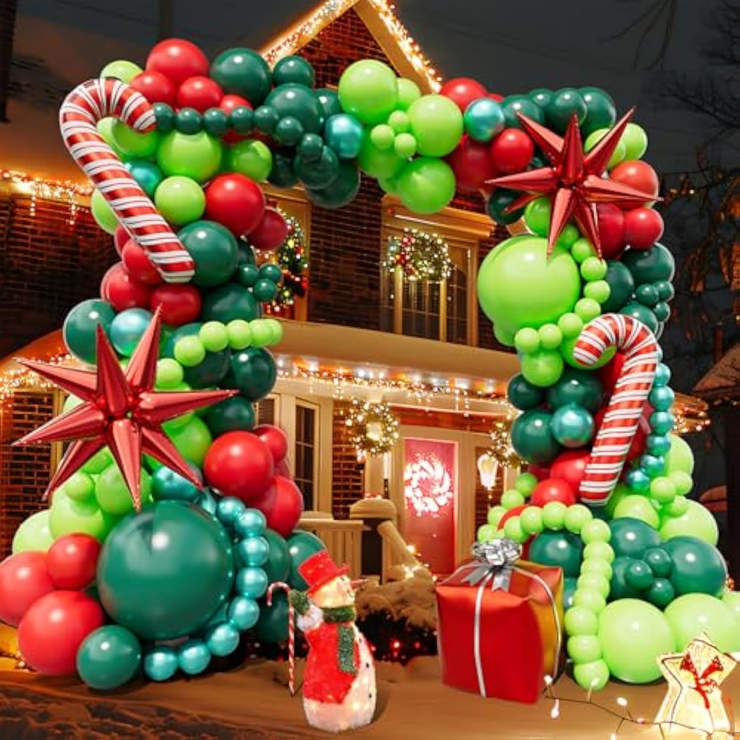 183Pcs Christmas Balloon Garland Arch Kit With Christmas Red Lime Dark Green Metallic Green Balloons Candy Cane Gift Box Explosion Star Foil Balloons For Xmas Party Decorations
