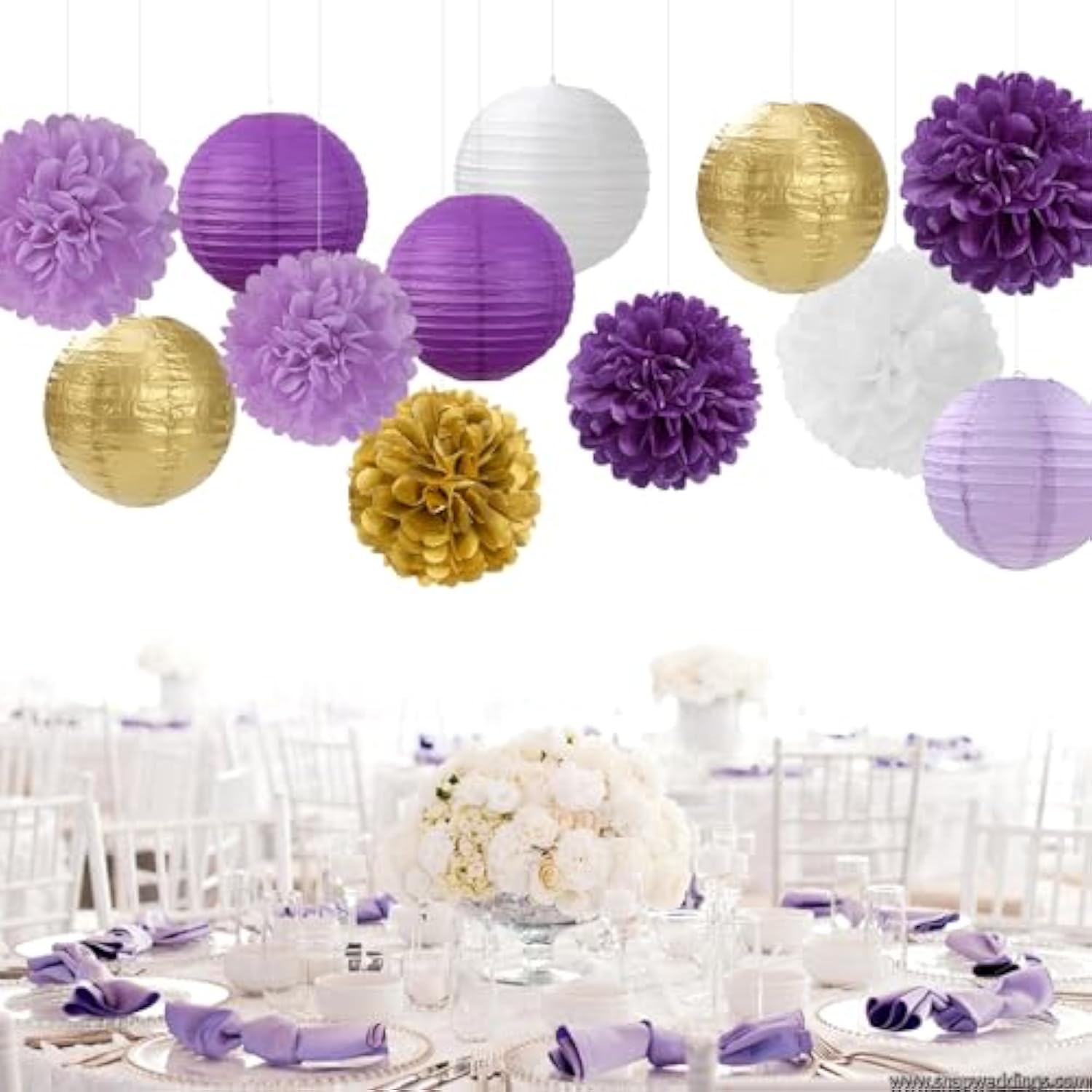 Purple White-Gold Party-Decorations Paper Flowers Lanterns - 15Pcs Graduation Lavender Tissue Pom Poms Streamers,Wedding Birthday Bachelorette Baby Shower Classroom Hanging Supplies Decor