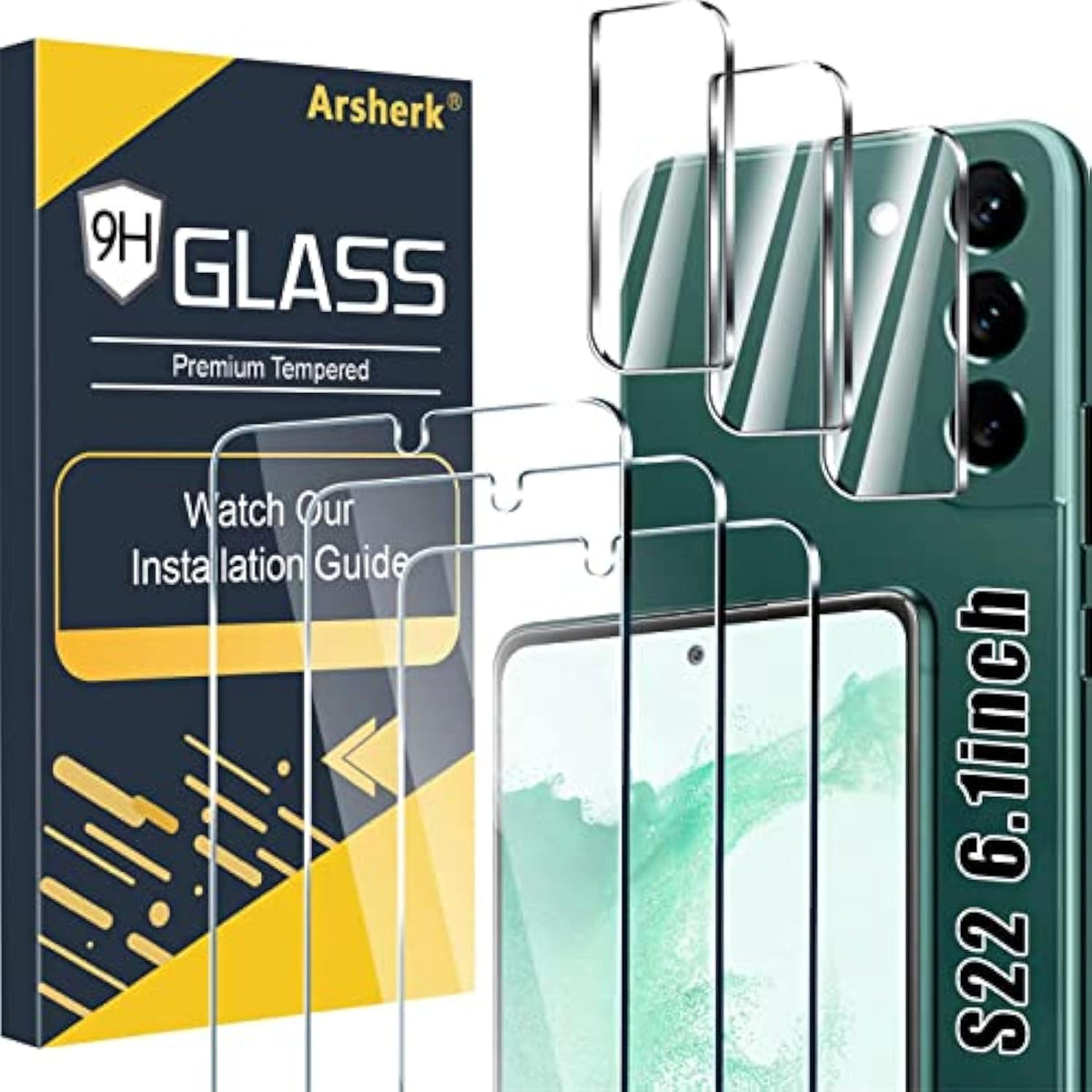 3 Pack Samsung Galaxy S22 5G Tempered Glass Screen Protectors with Camera Covers