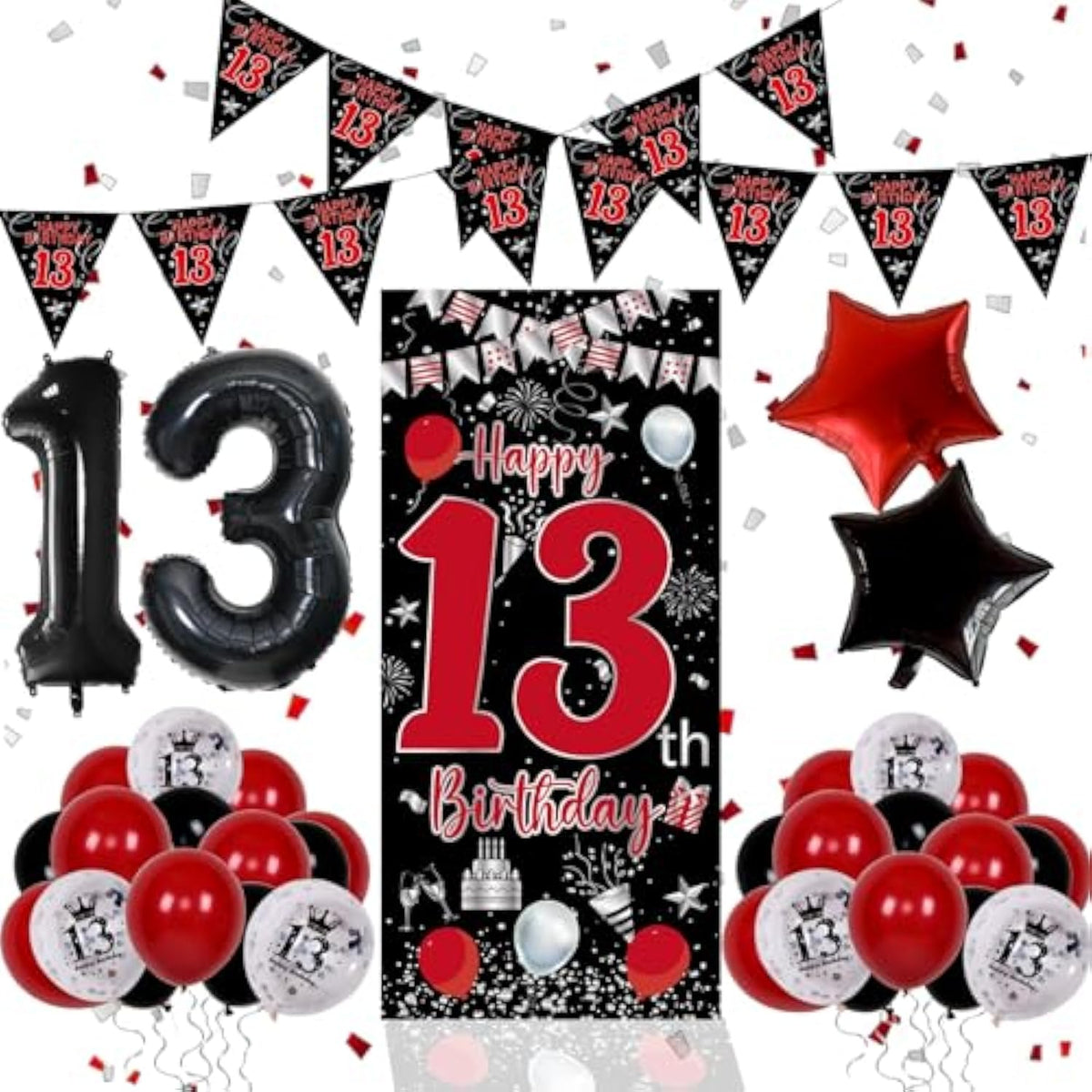 36pcs Red Black 13th Birthday Decorations with Banner, Balloons & Flags
