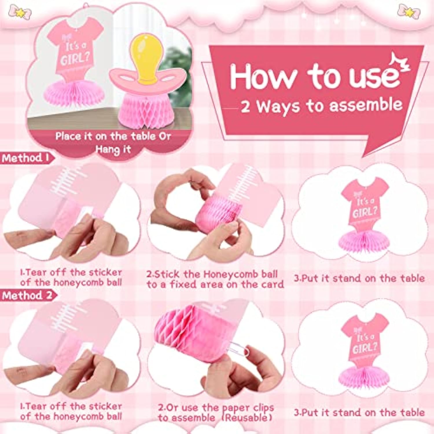 12 Pieces Baby Gender Reveal Honeycomb Table Centerpieces 3D Gender Re