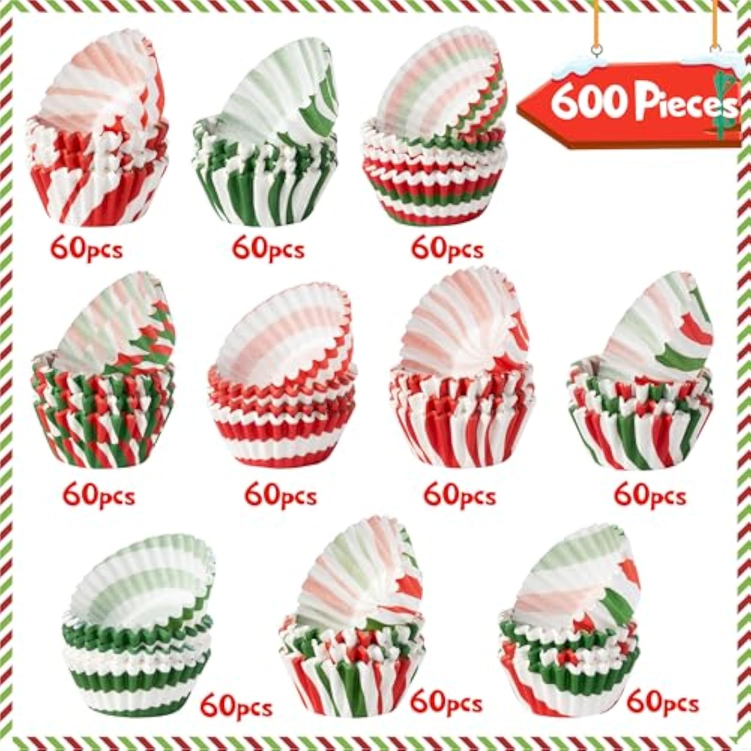 Christmas Mini Cupcake Liners - 600Pcs Merry Christmas Candy Baking Cups Muffin Cupcakes Wrappers, Xmas Tree Santa Disposable Chocolate Cake Wrap Making Supplies For Xmas Eve Party (10 Styles)
