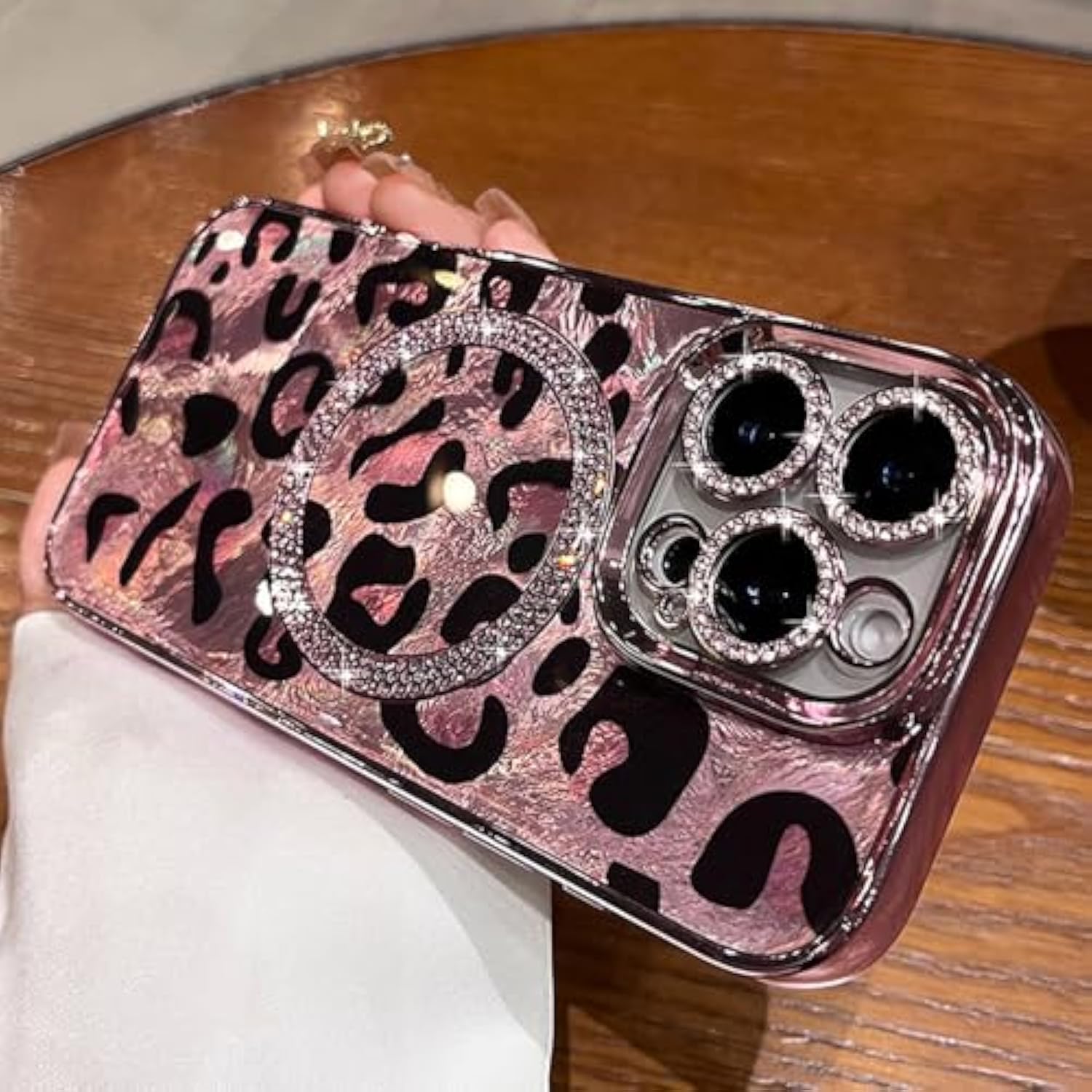 For Iphone 15 Pro Case Magnetic Glitter Compatible With Magsafe Diamond Leopard Cheetah Print Phone Case Cover For Iphone 15 Pro,Pink