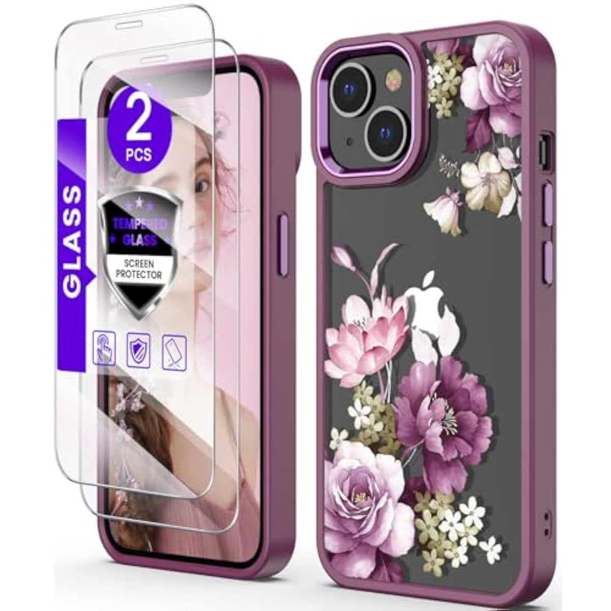 For Iphone 14/13 Case+Tempered Glass Screen Protector, [Military Grade Protective] Slim Soft Tpu & Hard Pc,Girls Women Crystal Clear Flower Pattern Case Cover For Iphone 14/13-Purple