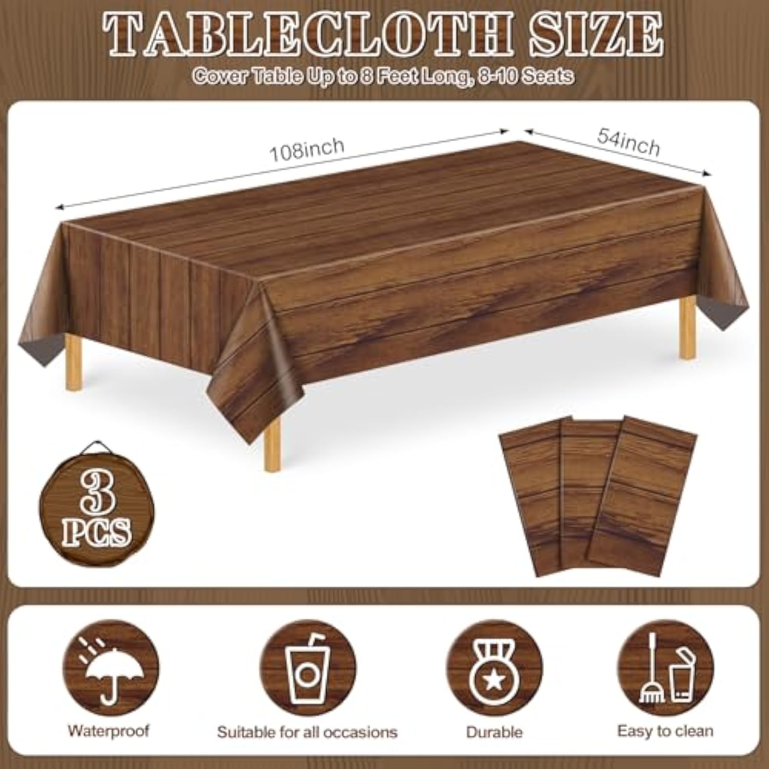 3 Pack Wood Grain Plastic Tablecloth, 54 X 108Inch Rustic Wood Table Covers For Rectangle Table Disposable Vintage Farmhouse Tablecloths For Cowboy Western Barn Birthday Baby Shower Party Supplies