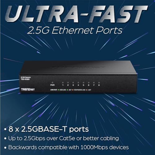 8-Port 2.5Gb Multi-Gigabit Unmanaged Gaming Switch, Teg-S380, 8 X 2.5Gbase-T Ports, 25Gbps Switching Capacity, Ethernet Splitter, Ndaa & Taa Compliant, Fanless, Protection, Black
