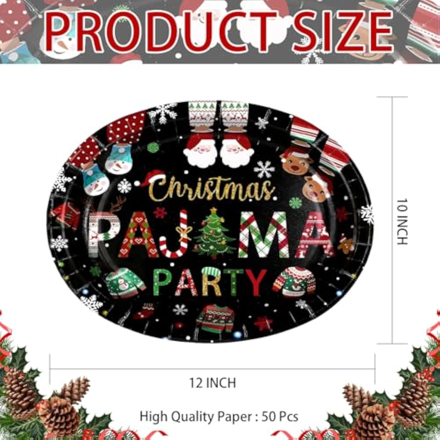 50Pcs Christmas Pajama Oval Paper Plates 10" X 12" Large Disposable Heavy Duty Black Merry Xmas Tree Santa Sweater Plates Funny Christmas Platters For Happy Winter Birthday Holiday Party Decorations
