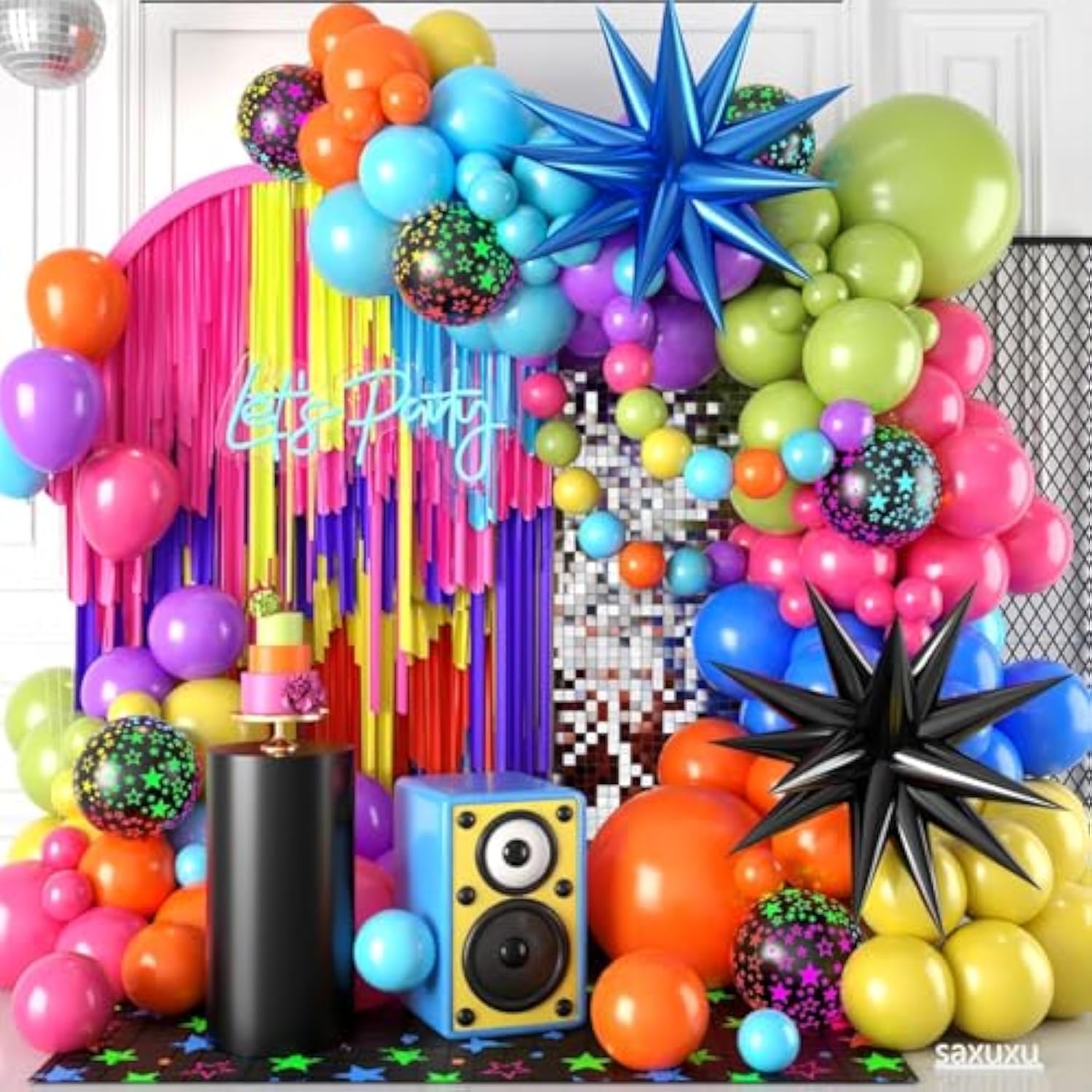 Neon Balloon Arch Kit, 122Pcs Bright Orange Green Blue Hot Pink Yellow Purple Black Rainbow Balloons With Foil Star Balloons For Neon Party Rainbow Birthday Decorations 80S 90S Disco Party Backdrop