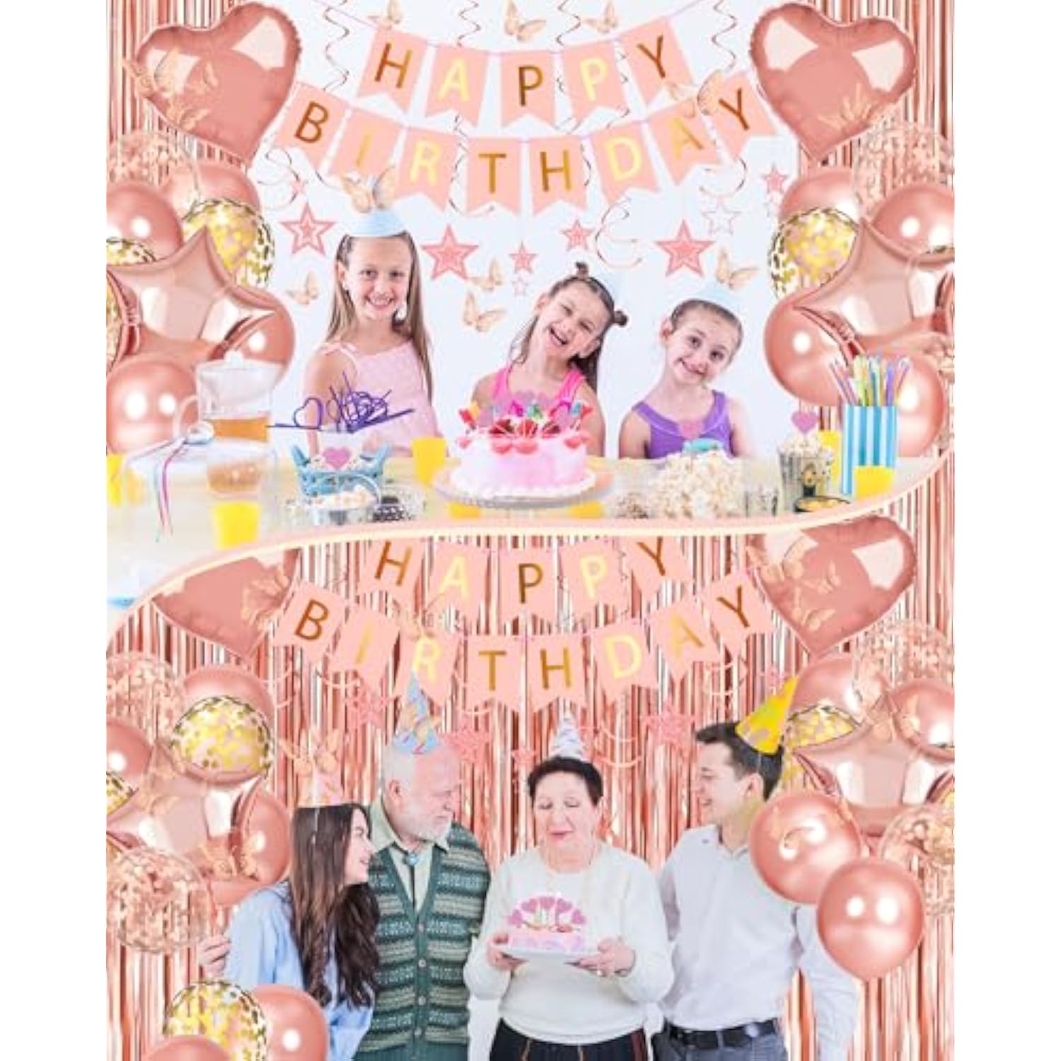 80pcs Rose Gold Birthday Decorations – Banner, Balloons, Curtain, Swirls & More