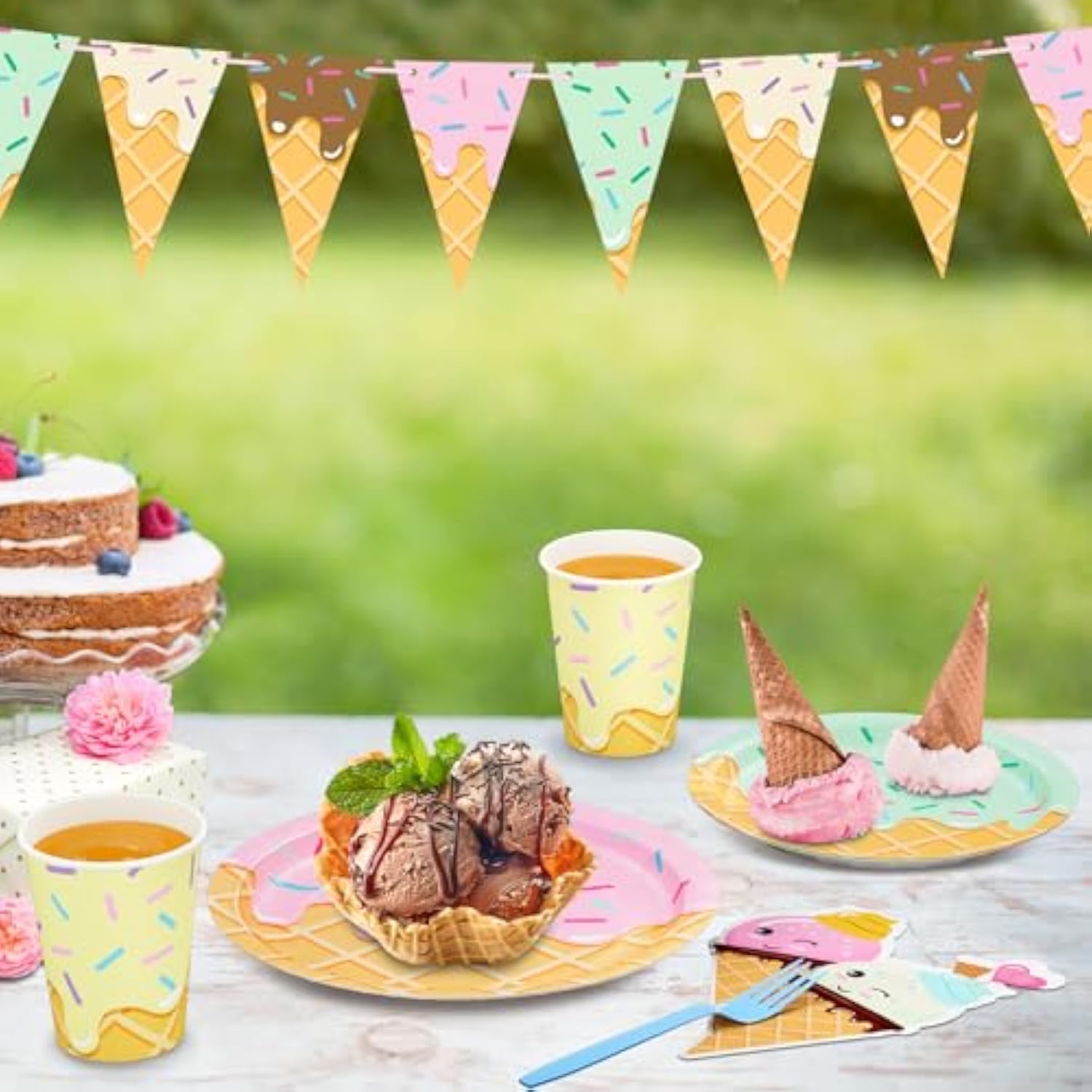 132 Pcs Ice Cream Birthday Party Supplies, Ice Cream Disposable Tableware Set Party Table Decorations For Girl, 9'' And 7'' Plates, Napkins, Cups, Forks, Banner, Serves 24