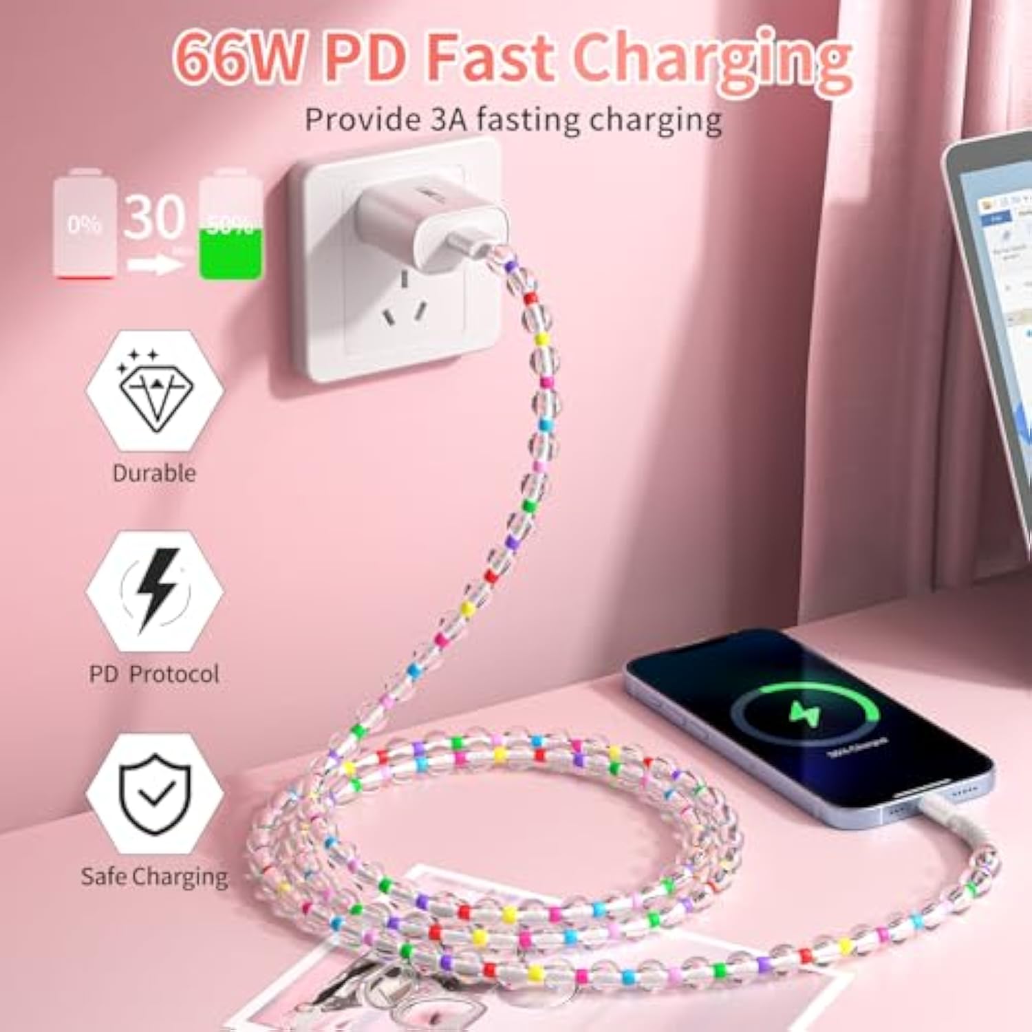 For Iphone Charging Cable 66W Beaded Phone Charger Cable [Mfi Certified] 6.6Ft/2M Long Fast Charger Cord Cute Usb A Charging Cord For Iphone 14 13 12 11 Pro Max 8 Plus For Ipad Pro Transparent