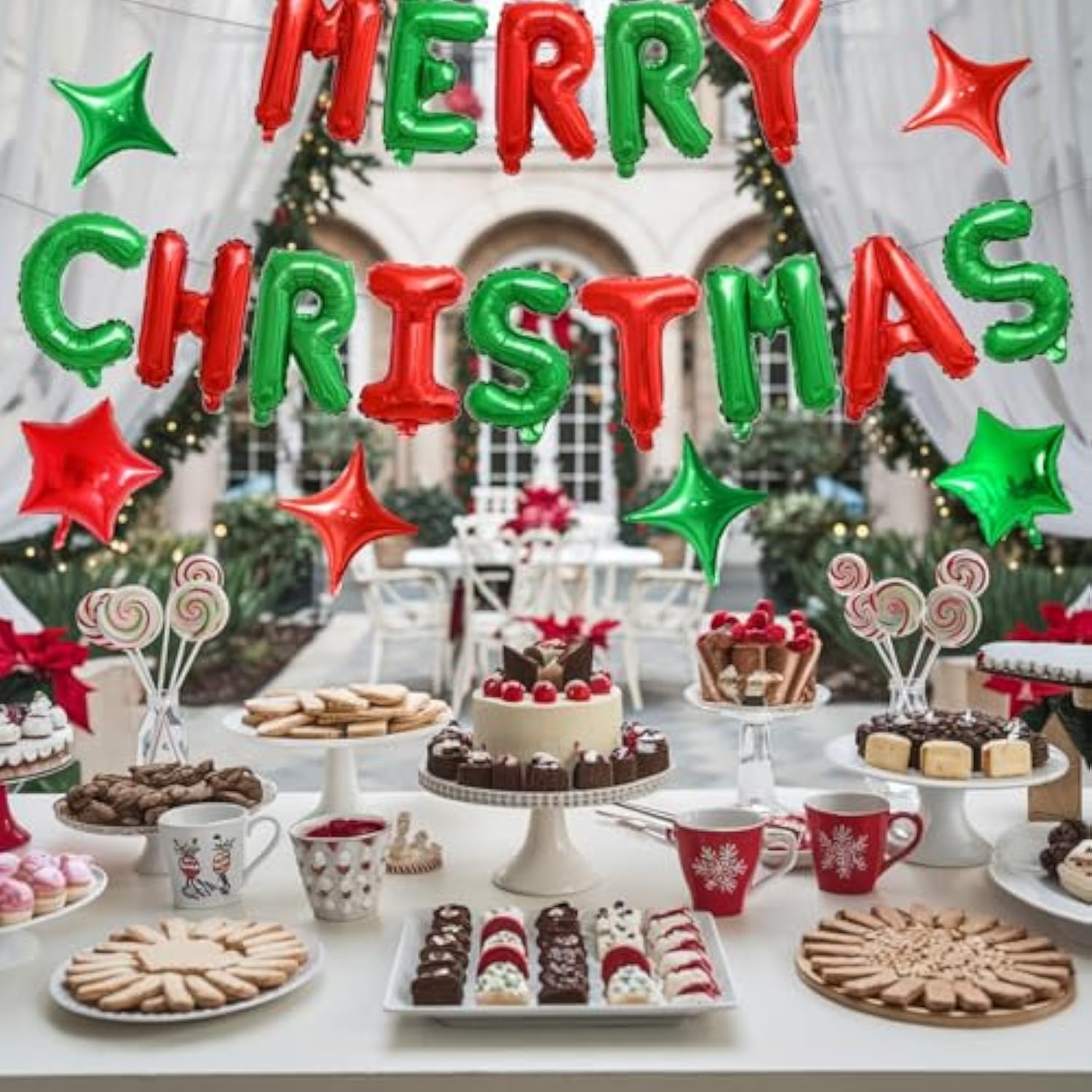 Merry Christmas Balloons Banner, Red Green Merry Christmas Foil Balloon, 16 Inch Xmas Letter Balloons With 10 Inch Green Red Star Balloon For Xmas Themed New Year Party Decor
