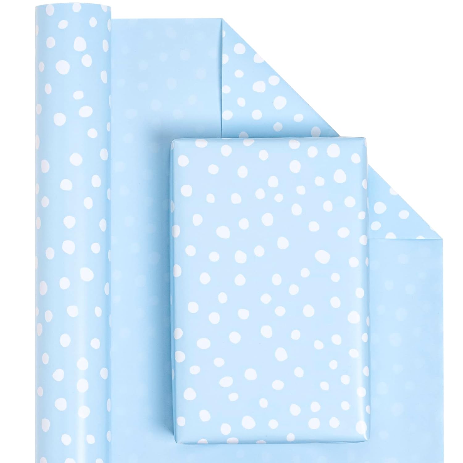 Reversible Wrapping Paper - Mini Roll - 17 Inch X 33 Feet - Light Blue And Delicate Polka Dots Design For Birthday, Holiday, Wedding, Baby Shower