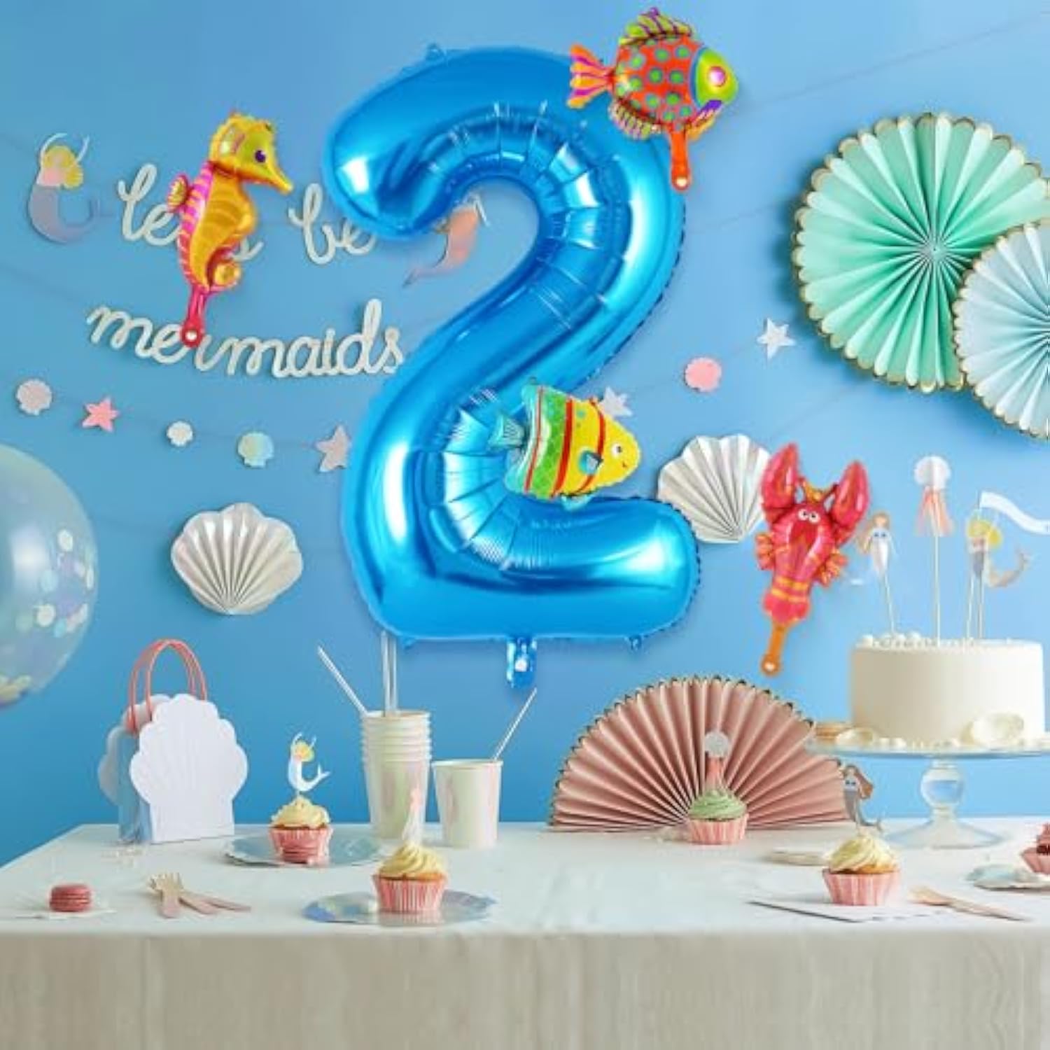 40" Blue Number 2 Balloon with Mini Ocean Balloons Under the Sea Birthday Decor