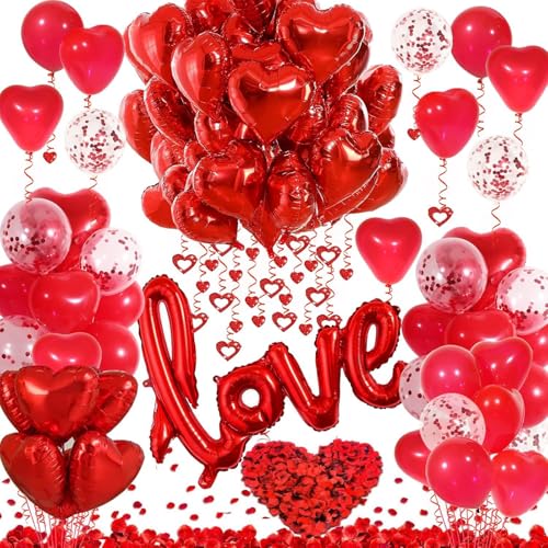 Valentines Day Decorations with Red Heart Balloons and Love Balloon, Fake Rose Petals with Red Balloons and Heart Hanging Decor for Valentines Day Party Wedding Anniversary Engagement Decor