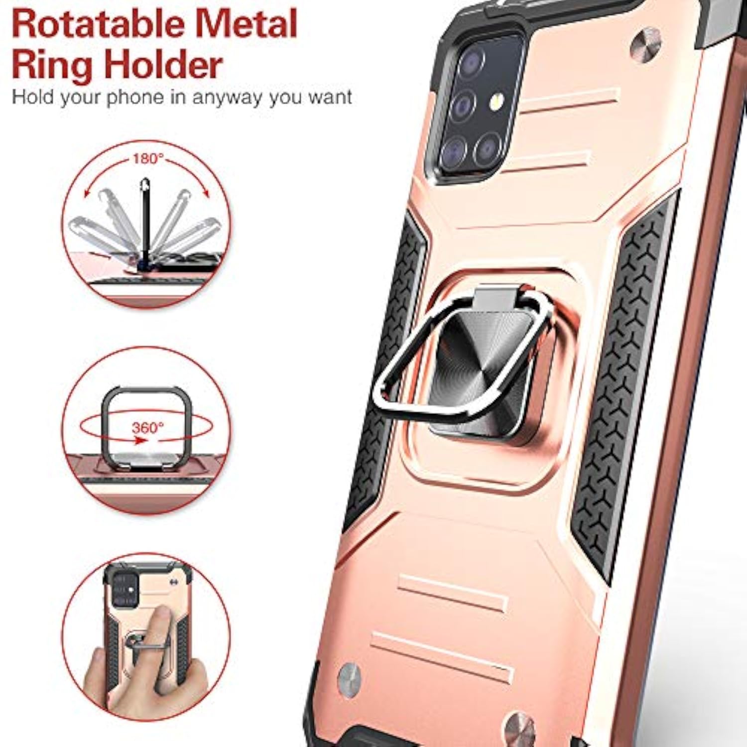 Galaxy A71 5G Case with Screen Protector, Shockproof Drop Test Slim Fit Case with Car Mount Kickstand Lightweight Protective Cover for Galaxy A71 5G, Rose Gold