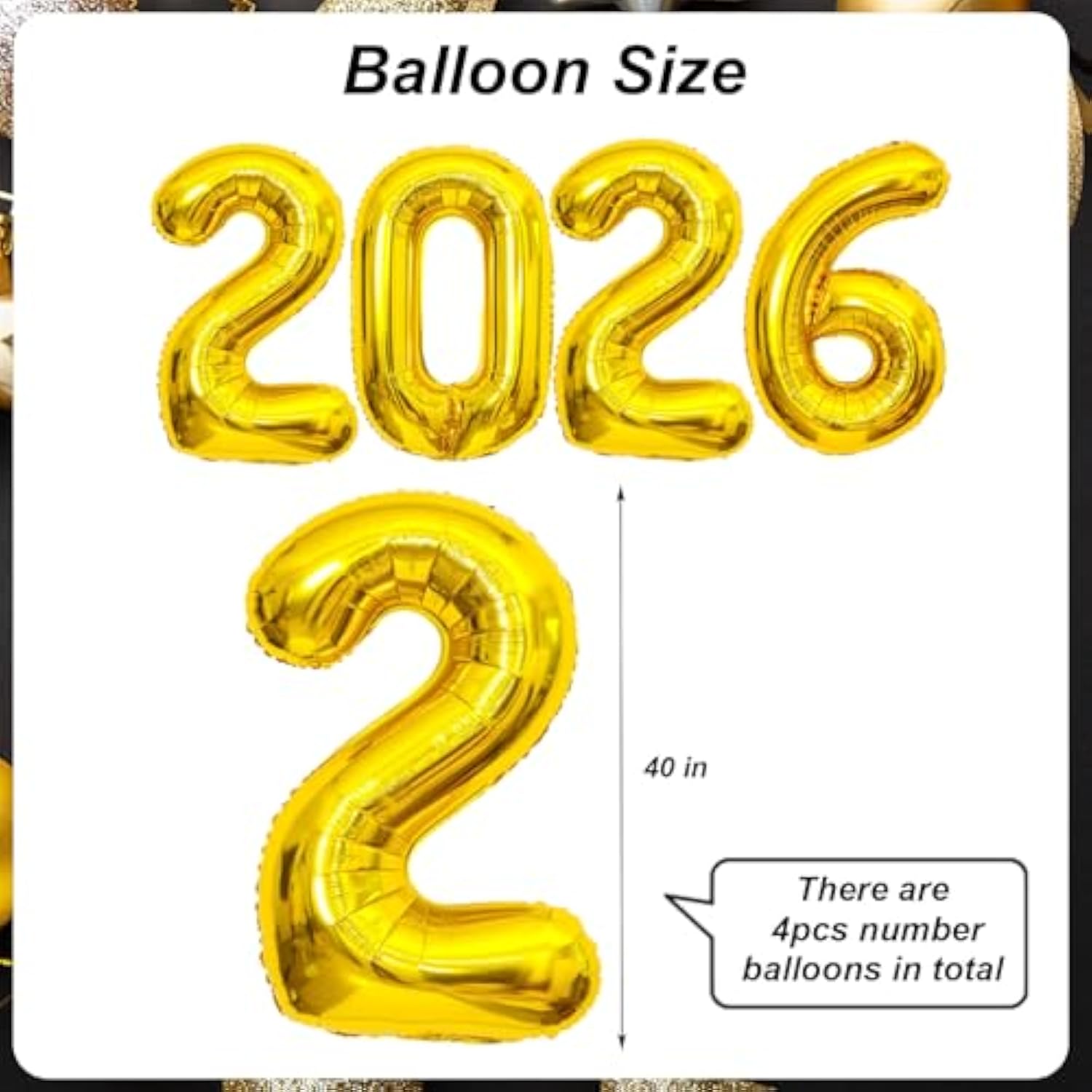 40in Gold 2026 Number Balloon Happy New Year Party Decorations
