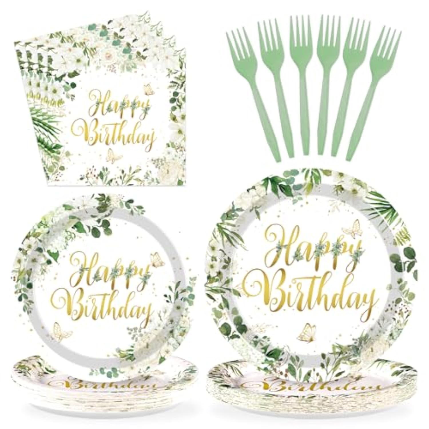 96Pcs Sage Green Happy Birthday Party Decorations Retro Green Birthday Plates Eucalyptus And White Flower Paper Plate Disposable Sage Tableware For Baby Shower Party Favors Serves 24