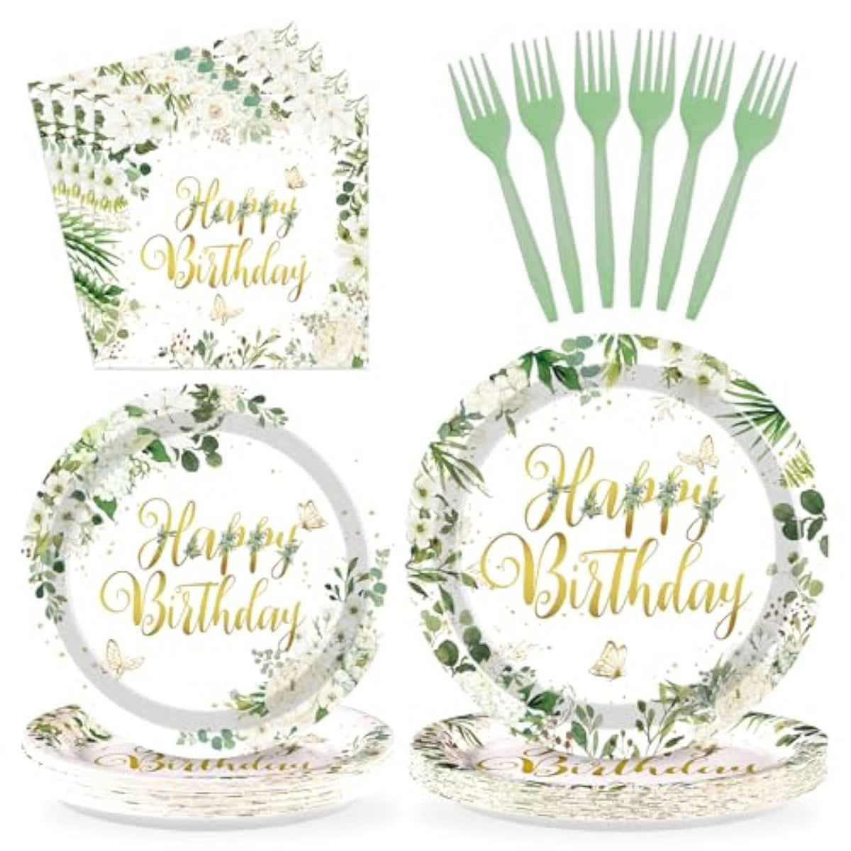 96Pcs Sage Green Happy Birthday Party Decorations Retro Green Birthday Plates Eucalyptus And White Flower Paper Plate Disposable Sage Tableware For Baby Shower Party Favors Serves 24