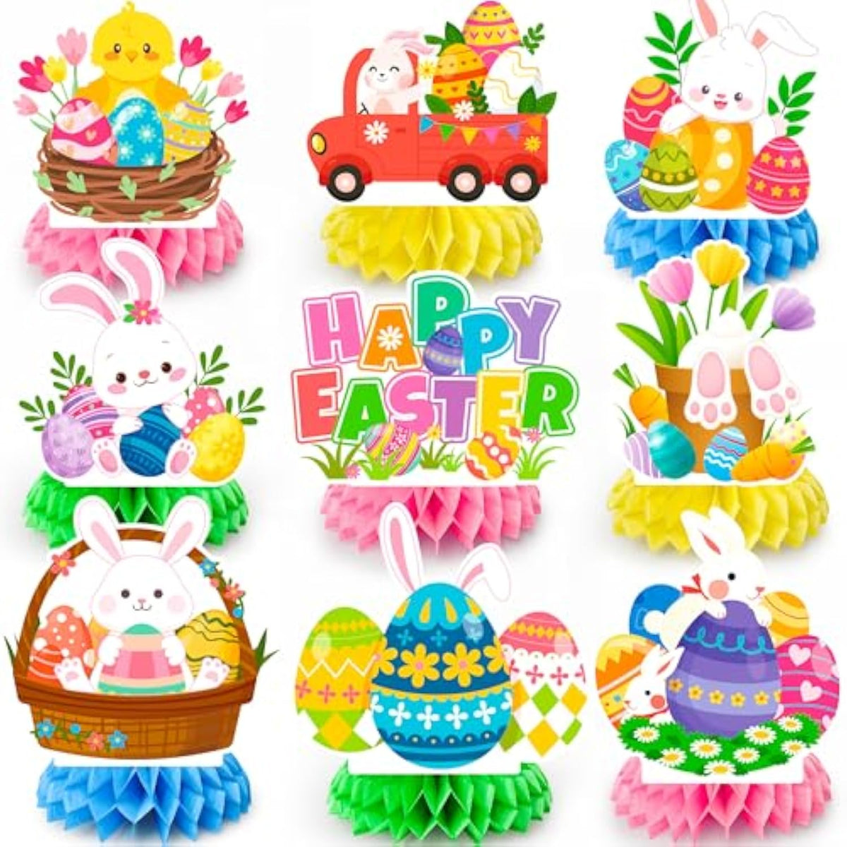 9Pcs Happy Easter Honeycomb Decorations, 3D Easter Table Decorations Spring Honeycomb Centerpiece For Table Decorations Bunny Easter Egg Centerpieces Decor For Easter Party Family Gathering