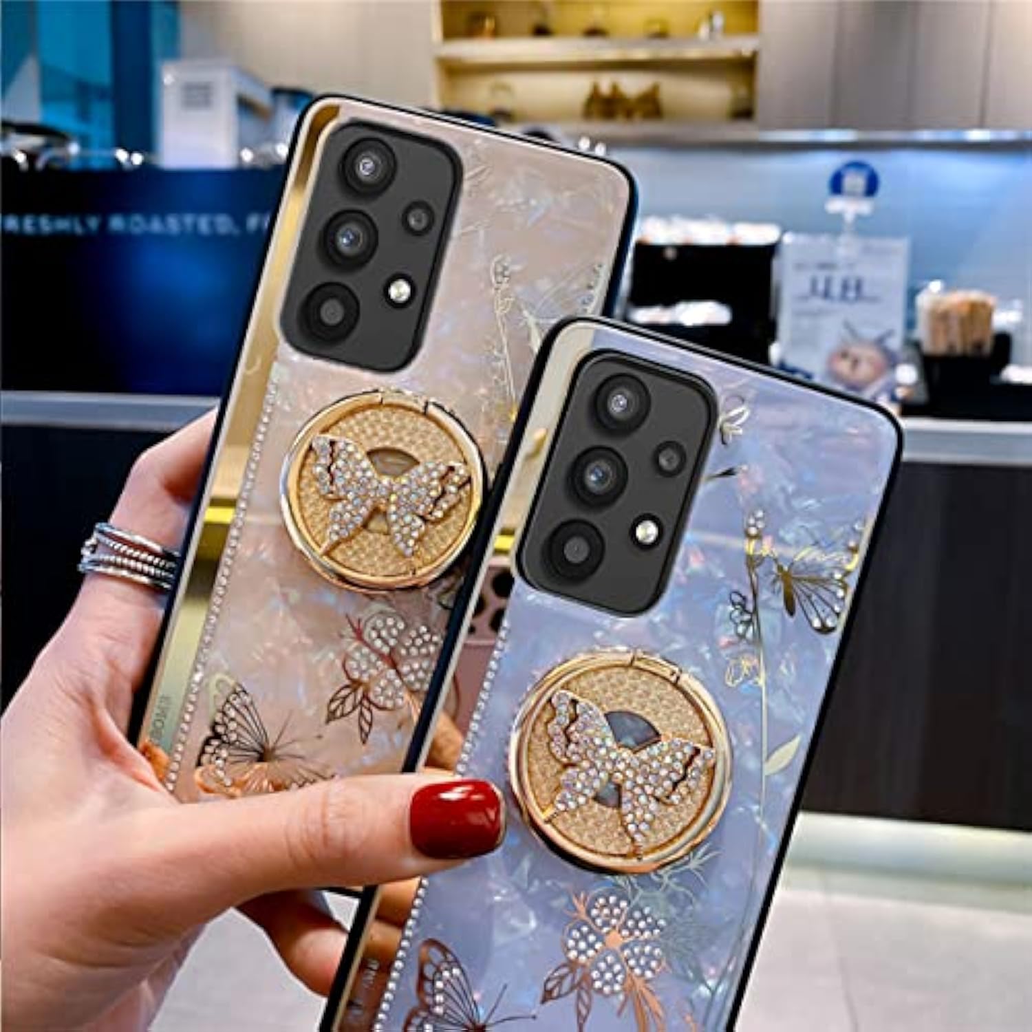Topwin Galaxy A13 5G Kickstand Case, Cute Marble Conch Shell Floral Butterfly with Ring Stand Mirror Elegant Shockproof Protective Cover for Girls Women for Samsung A13 5G (Rose Gold)