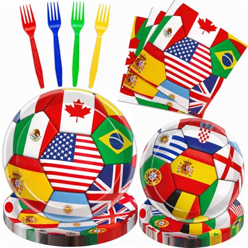 96 PCS 2026 Soccer Plates and Napkins, Soccer Birthday Party Decorations with Dinner Plates, Dessert Plates, Napkins and Forks for Sports Soccer Party, Serves 24