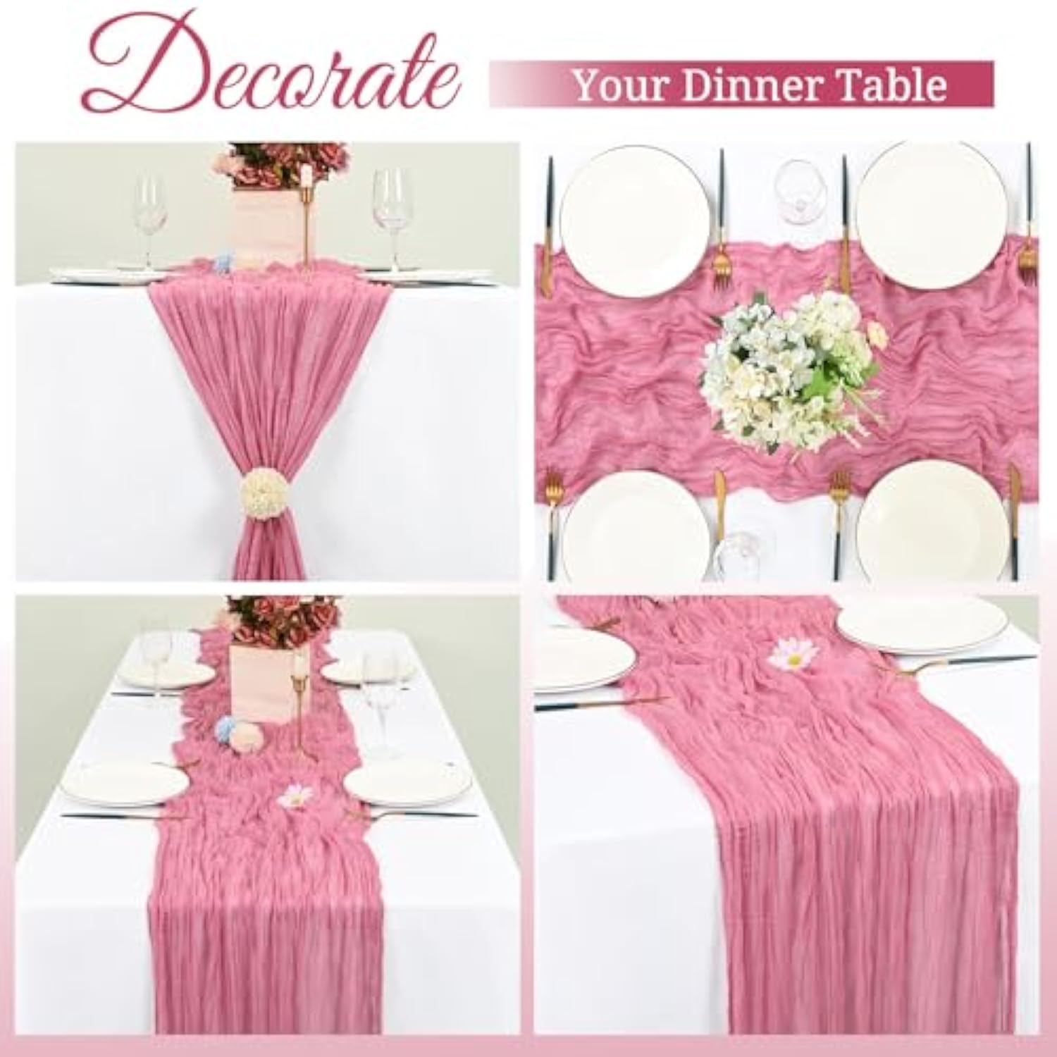 8 Pack Cheesecloth Table Runner, 10Ft Boho Gauze Table Runner 35×120 Inch Rustic Romantic Long Table Runner For Wedding Party Bridal Shower Thanksgiving Christmas Decoration(Dusty Rose)