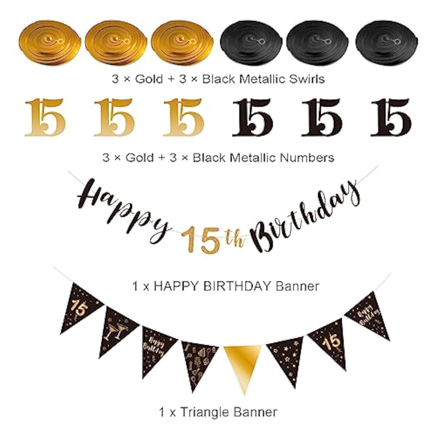 15Th Birthday Decoration Kit For Boys Girls, Happy 15Th Birthday Banner Bunting Swirls Streamers, Triangle Flag Banner For Birthday Party Decorations Supplies Black And Gold 15Th