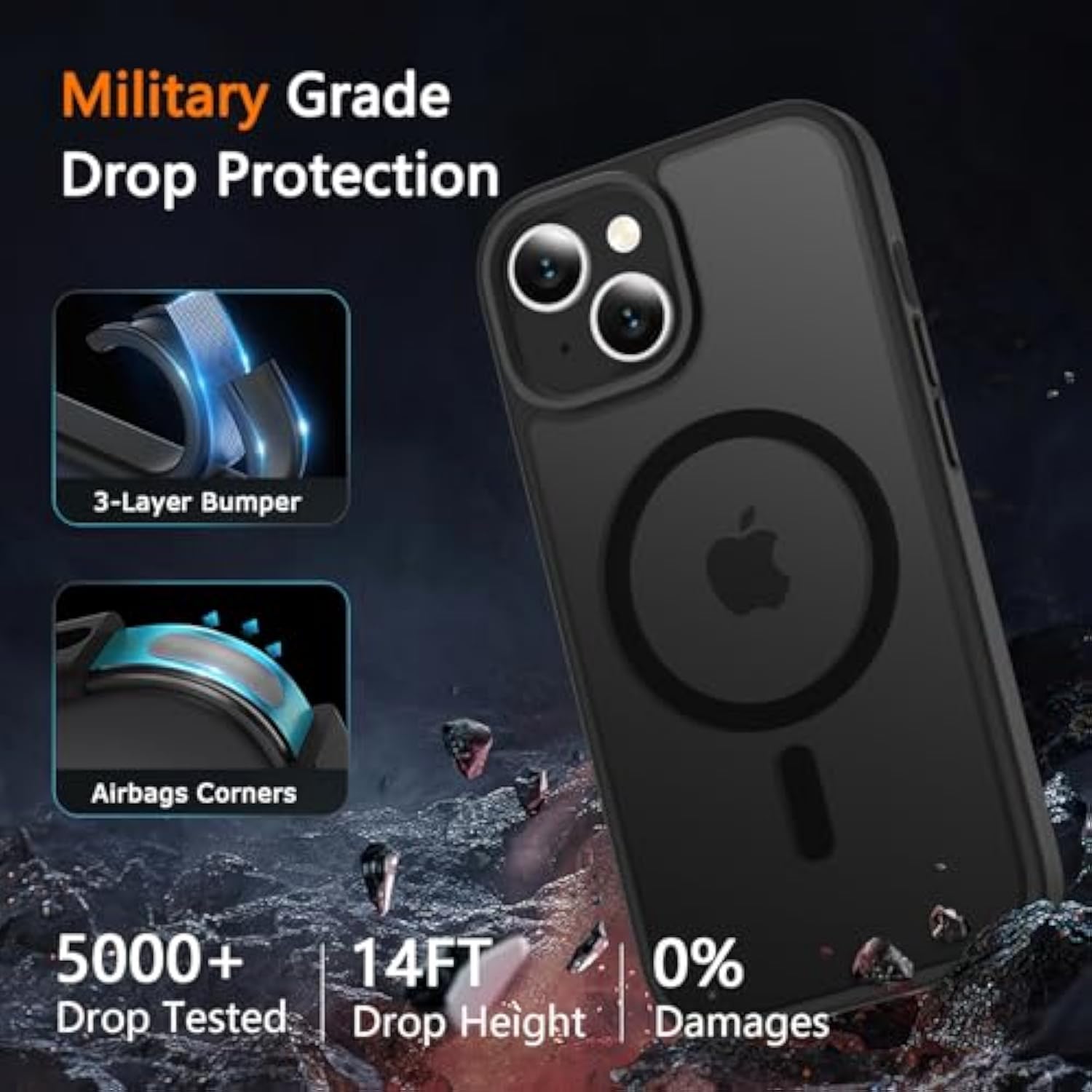 For Iphone 14 Case & Iphone 13 Case, Magnetic Phone Cover With 1 Screen Protector, Compatible With Magsafe, Military Grade Protection, Translucent Matte Frosted Back, Black