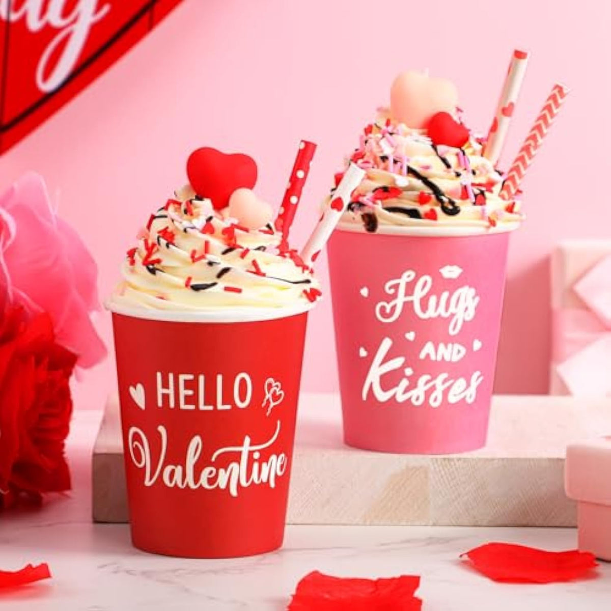 2 Pack Valentine'S Day Tiered Tray Decor Valentine Table Decorations With Faux Whipped Cream Cups Heart Tabletop Centerpiece Gift For Desk Home Office Shelves Anniversary Wedding Decoration