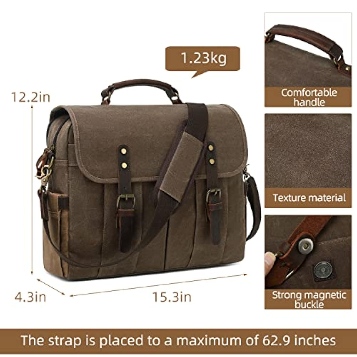 Genuine Leather Canvas Satchel Shoulder Briefcase Laptop Bag with USB & Headset Port