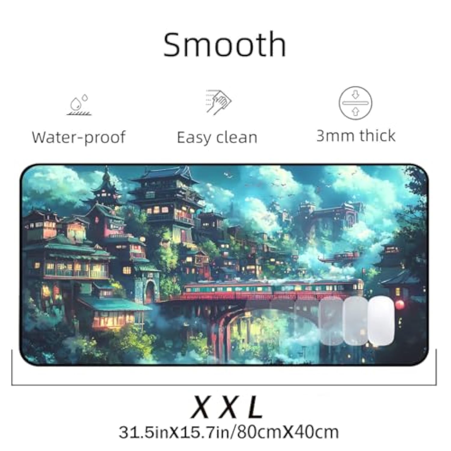 Japanese Anime Desk Mat, Green Forest Mouse Mat Xxl, Game Desk Pad, Fantasy Architecture Computer Keyboard Mat, Wireless Mousepad Large,Natural Landscape Home Office Desktop Decor 31.5"X15.7"