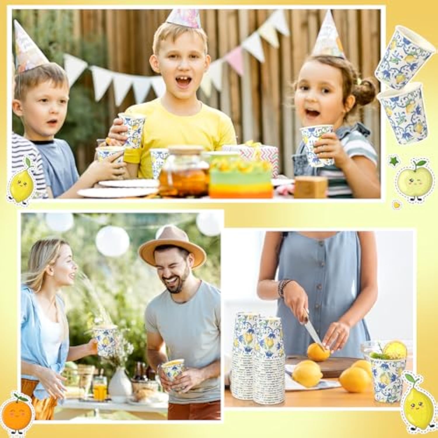100 Pcs 9Oz Blue Lemon Cups Disposable Paper Yellow Blue Cups For Lemonade Stand Decorative Party For Cold Hot Beverage Juice Kitchen Coffee Birthday Party Supplies