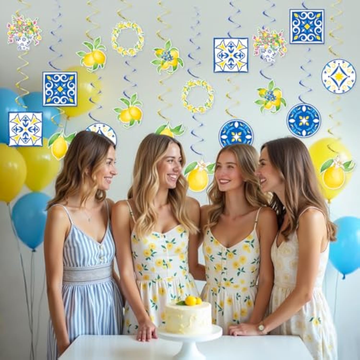 Capri Lemon Blue Yellow Tiles Spiral Hanging Swirl Decorations Mediterranean Amalfi Coast Ceiling Streamers For Positano Party Italian Summer Wedding, Birthday, Bridal Shower Bachelorette Fiesta Decor