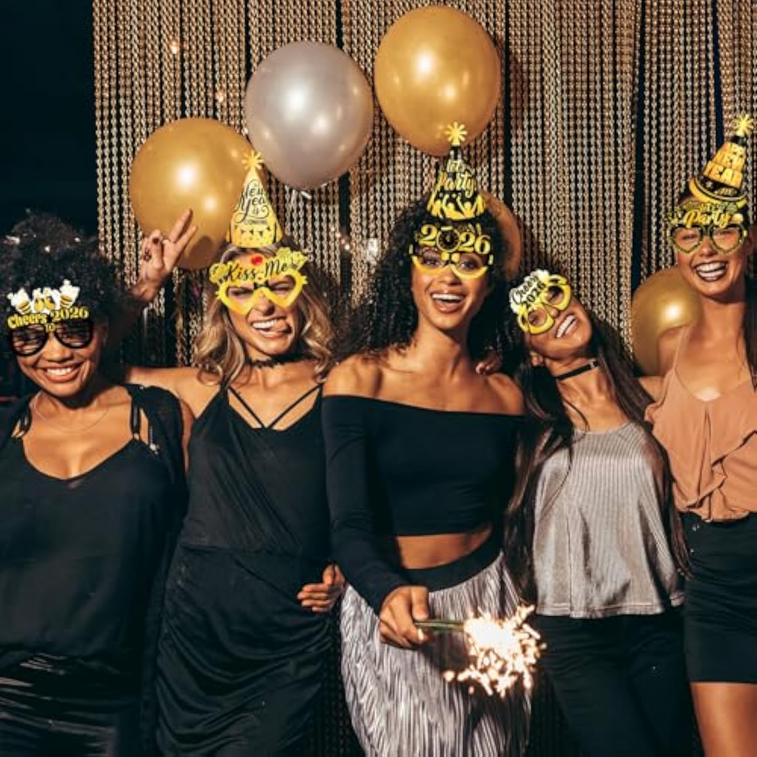 36pcs Black Gold New Year 2026 Party Kit Hats Glasses and Accessories