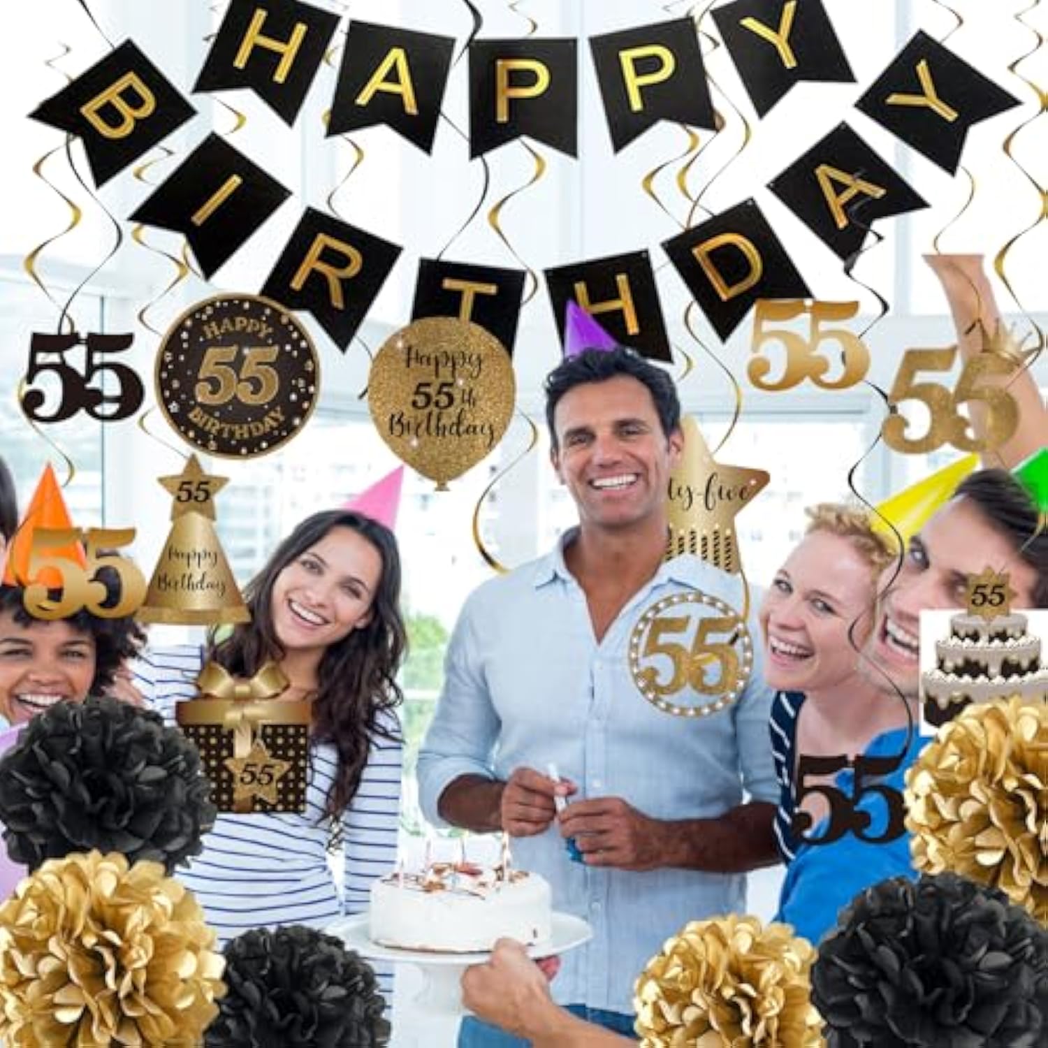 14PCS 55th Birthday Hanging Swirls, Black & Gold Streamers with Banner  Pompoms