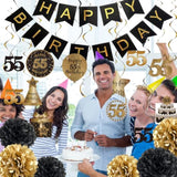 14PCS 55th Birthday Hanging Swirls, Black & Gold Streamers with Banner  Pompoms
