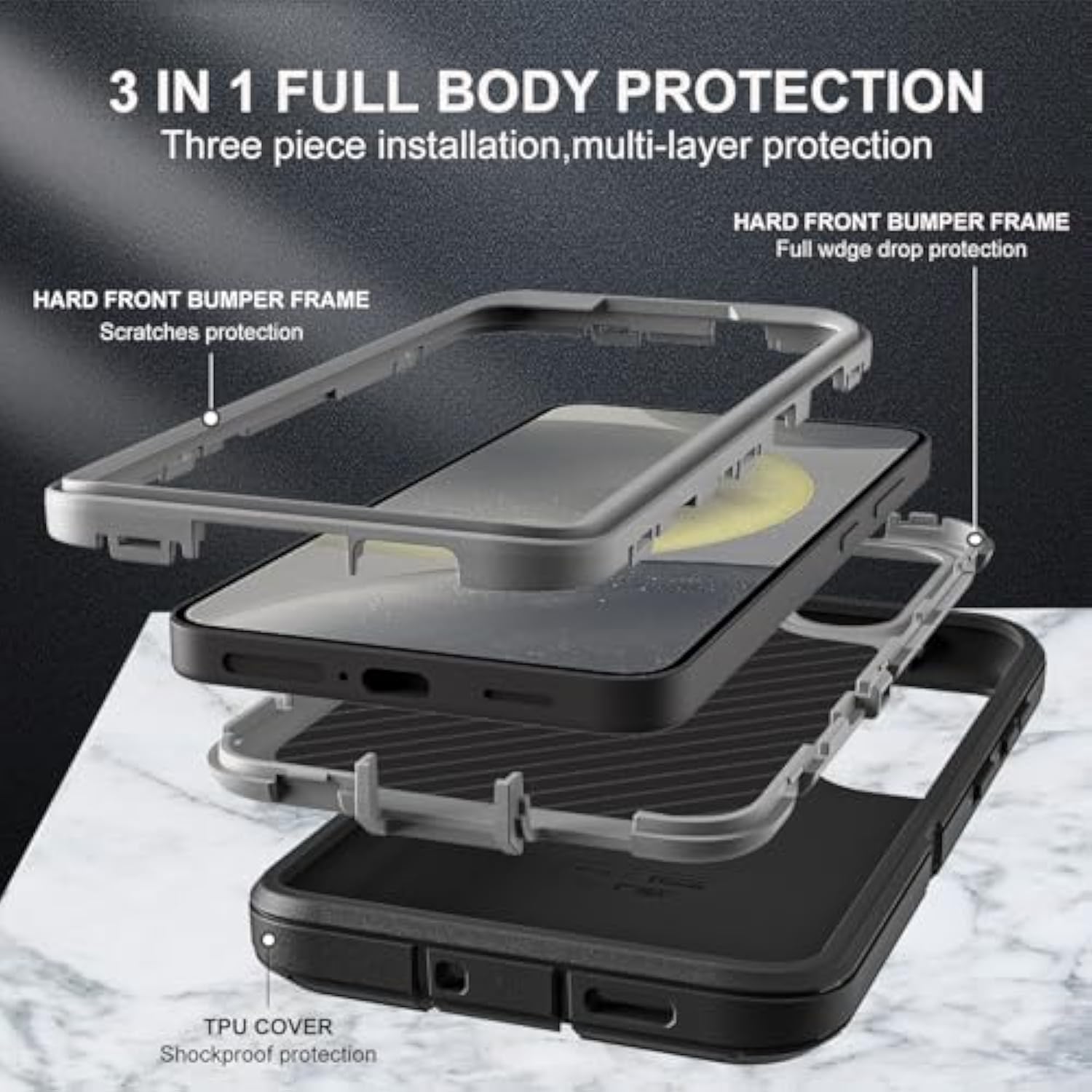 For Samsung Galaxy S24 Case, Only, [Not Fit Galaxy S24 Fe/S24 Plus/S24 Ultra], Military Grade 3 In 1 Case With 2Pcs Tempered Glass Screen Protector & Camera Lens Protector (Black/Grey)