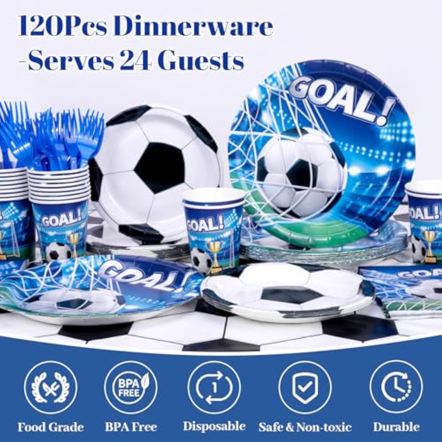 Soccer Party Decorations, 120Pcs Soccer Birthday Party Supplies-Serves 24 With Soccers Plates Cups And Napkins For Sports Boy'S Birthday Decorations