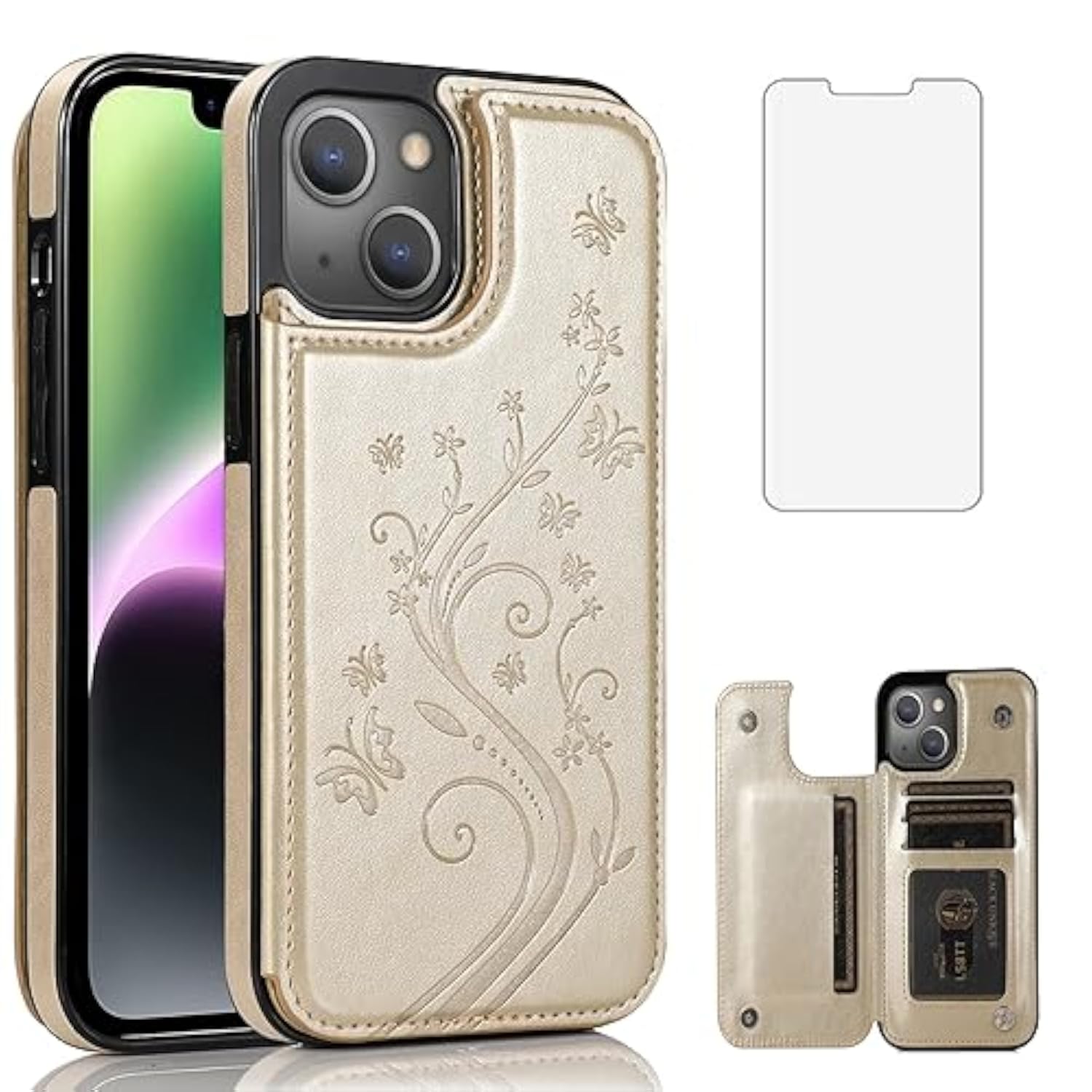 iPhone 15 Plus 6.7 inch Premium Leather Case with Tempered Glass Screen Protector and Card Holder Wallet Stand