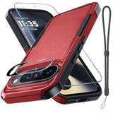 Case For Google Pixel 9/9 Pro, Full Body Heavy Duty Rugged Shockproof Protective Phone Cover With Lanyard Strap, Tempered Glass Screen Protector And Camera Lens Cover, Red