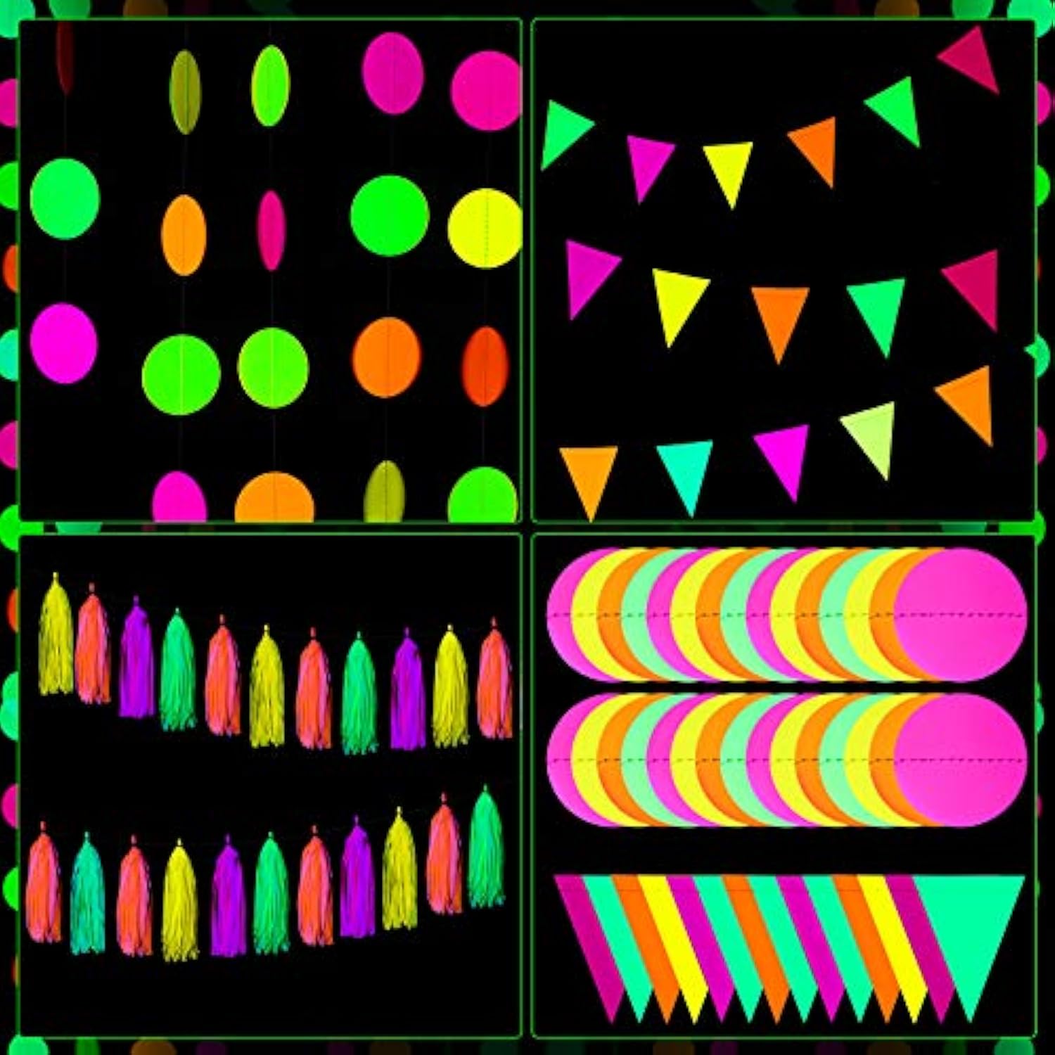 88 Pcs Glow Neon Party Supplies Including Neon Paper Garland 20 Pieces Paper Tassels Garland And Triangle Flags Bunting For Birthday Wedding Black Light Reactive Uv Glow Party Decorations