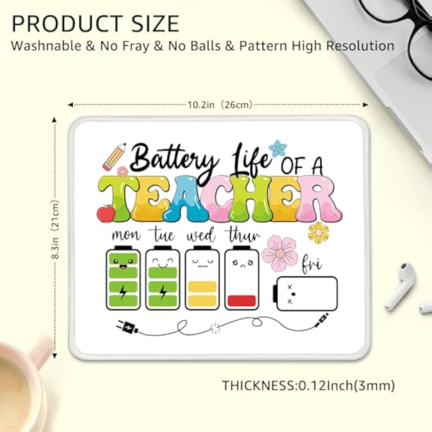 Battery Life Of A Teacher Non-Slip Mouse Pad With Stitched Edge, Funny Teaching Gifts, Teachers Day Gifts For Women Friends, Appreciation Gifts For Teacher Assistant, Back To School Gifts