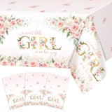 3 Pcs Girl Baby Shower Tablecloth 108X54 Inch Pink Floral Baby Shower Party Tablecovers Disposable A Sweet Little Girl Is On Her Way Table Cloth Plastic