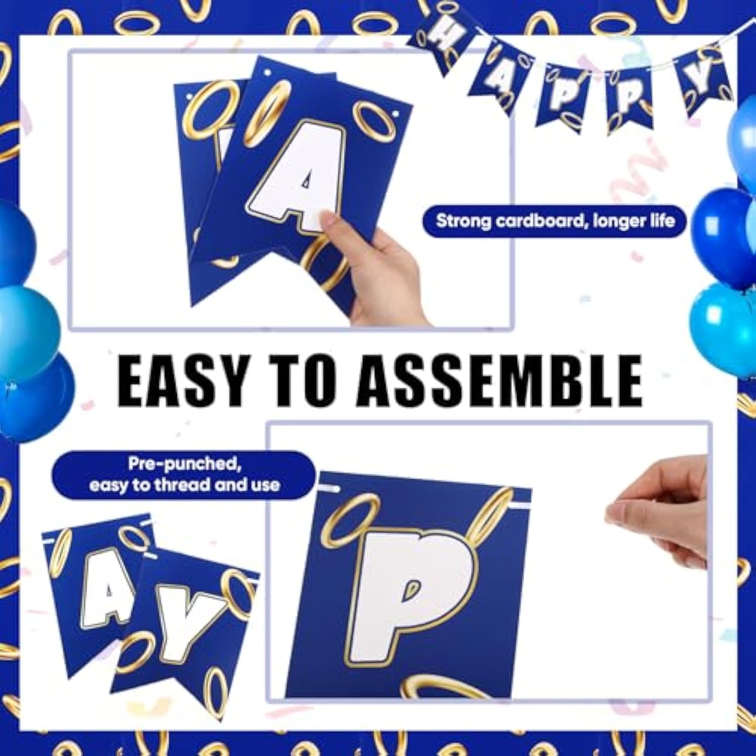 Blue & Gold Birthday Decor Happy Birthday Banner & Cartoon Backdrop for Kids
