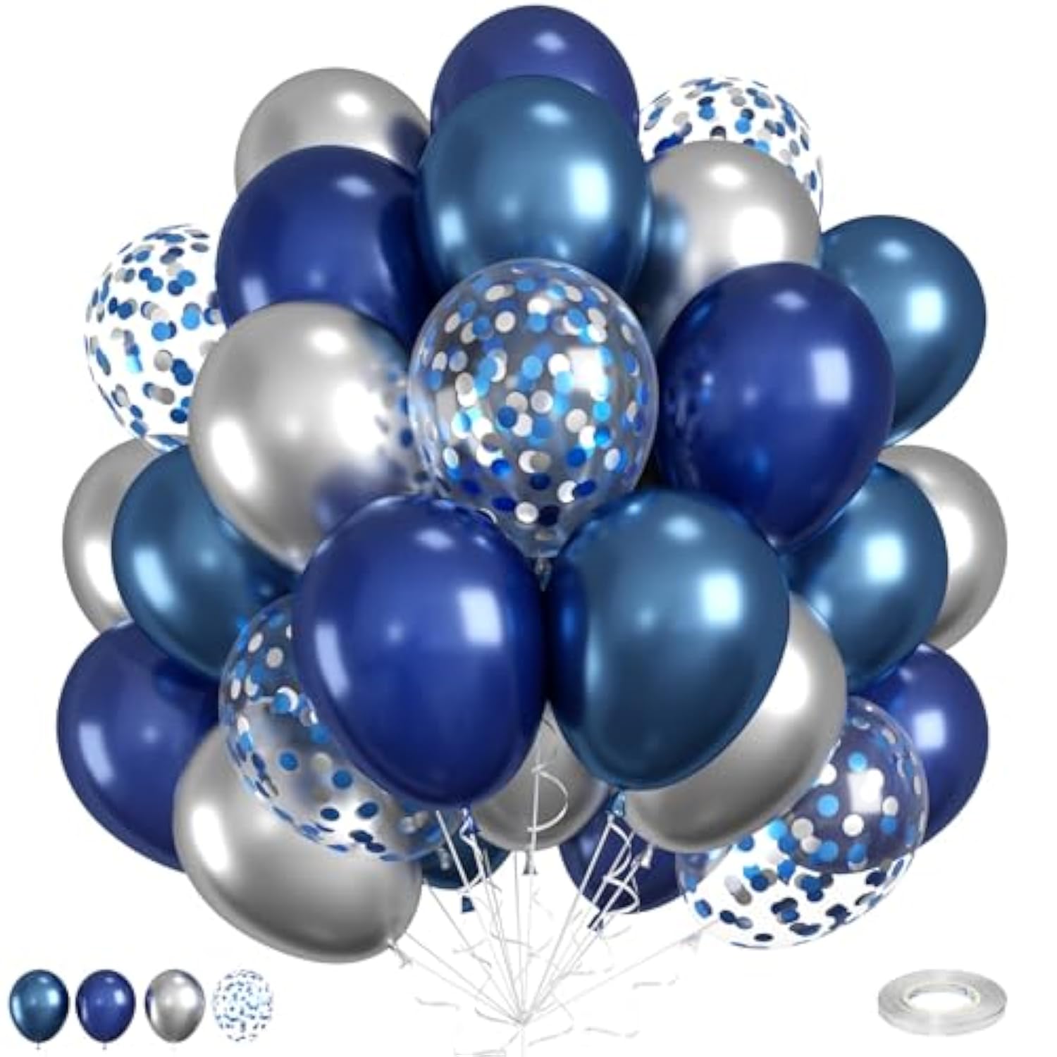 Navy Blue And Silver Balloons, 12 Inch Metallic Latex And Confetti Balloons For Birthday, Baby Shower, Graduation Decorations